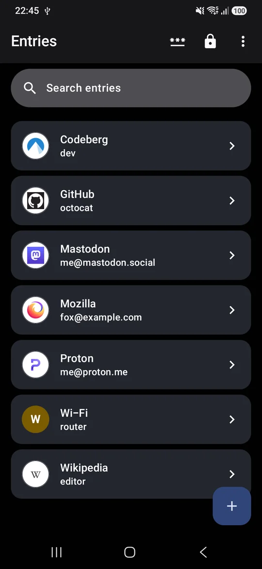 Snaplock's entry list with site icons, a search field and a button for a new entry